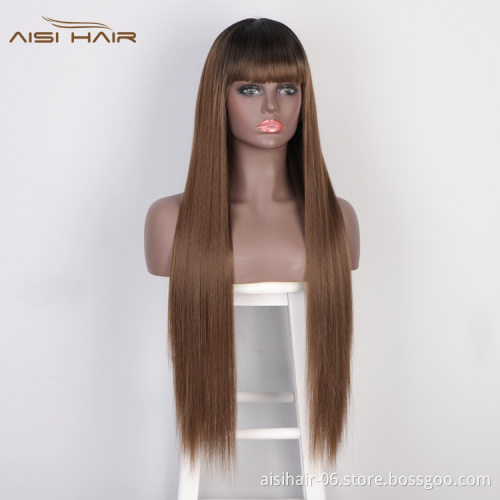 Aisi Hair Top Quality Cheap Long Silky Straight Fiber Wigs High Temperature Synthetic Fiber Wig Ombre Brown Wigs Wiht Bangs